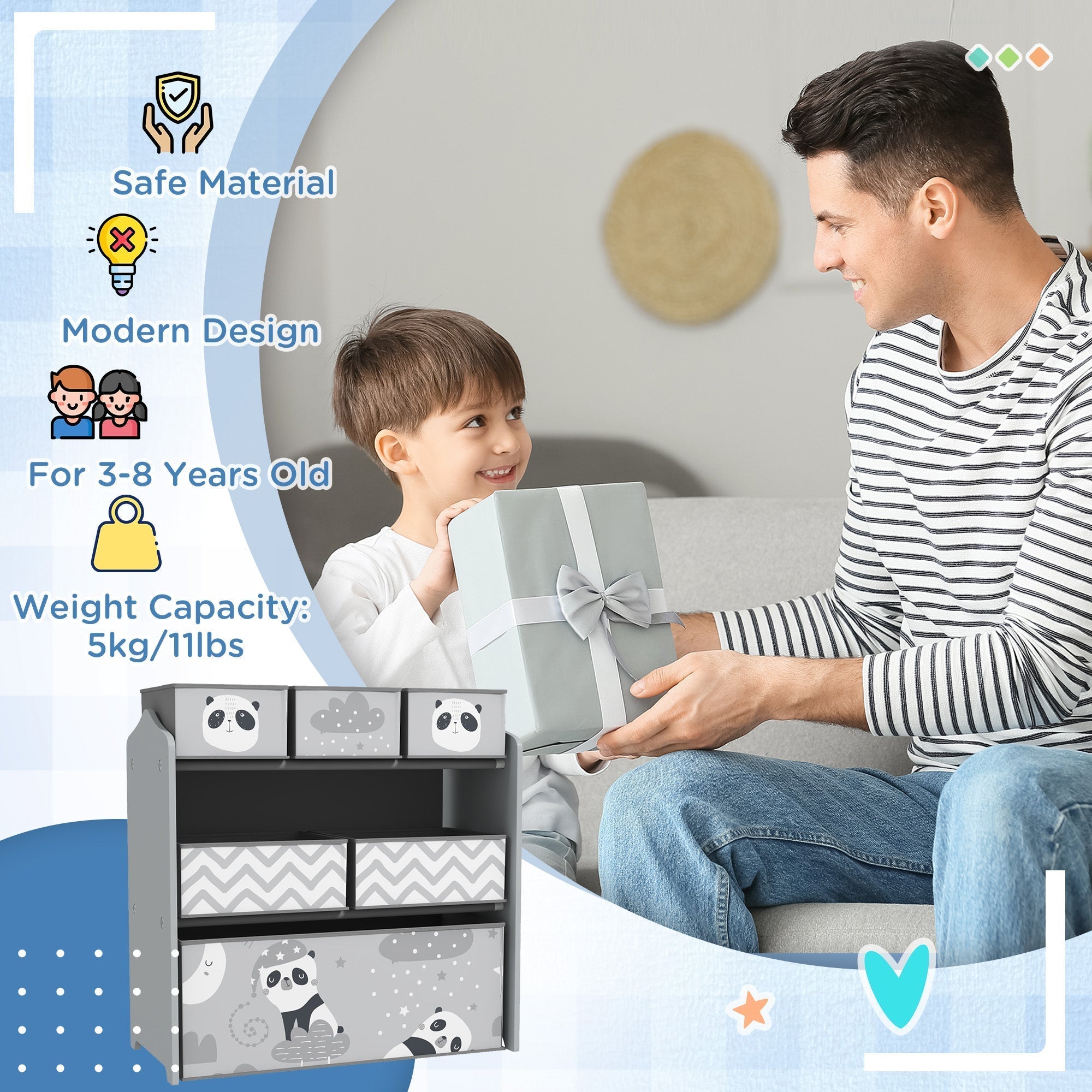 Grey zonekiz kids storage unit with three drawers and shelves featuring panda designs for toy storage in child’s room