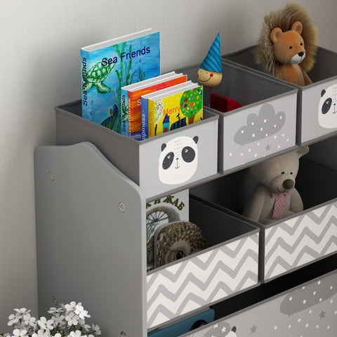 Gray zonekiz kids storage unit with cartoon animal drawers and six fabric bins for toy storage in child’s room