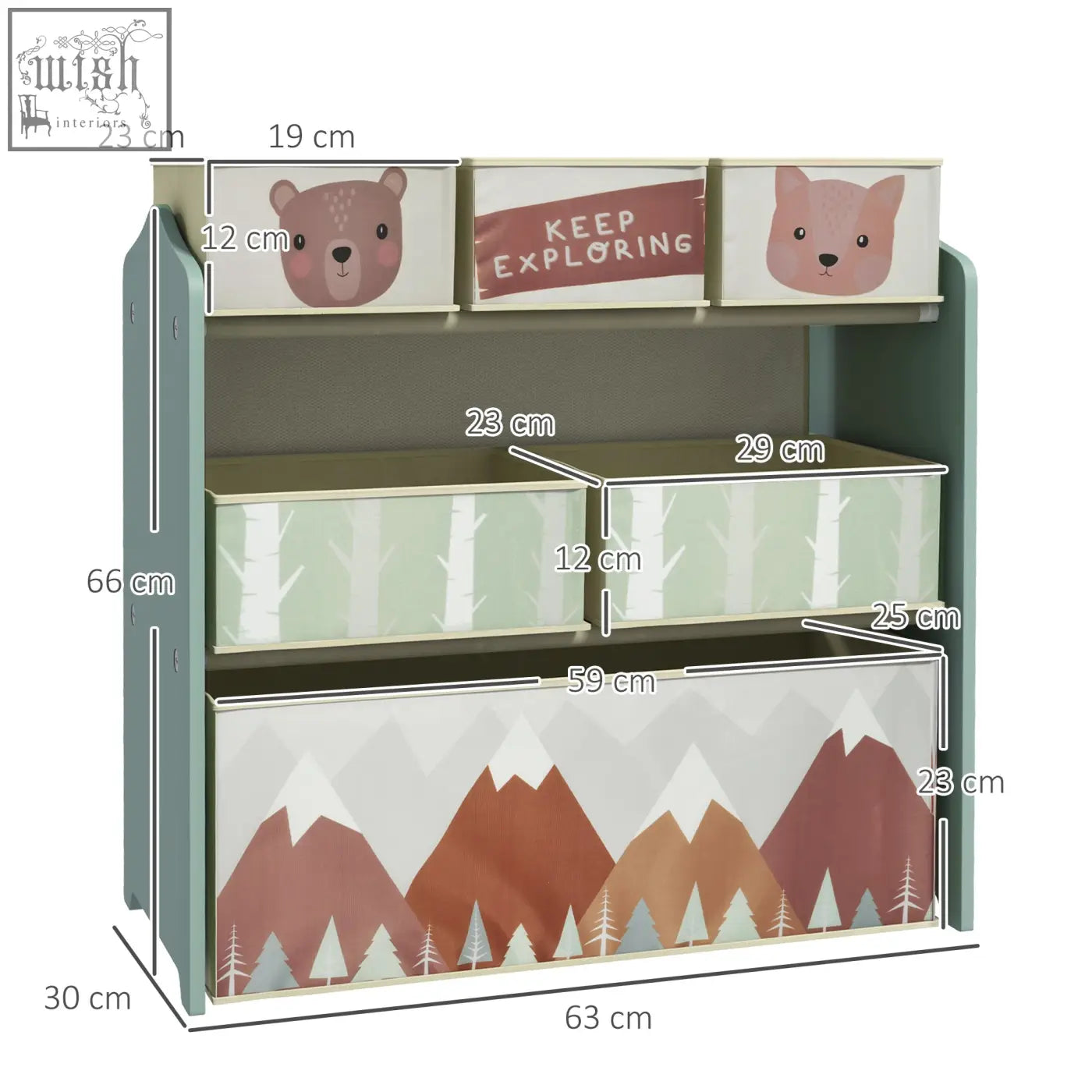 Teal zonekiz kids storage unit with three tiers of woodland print drawers for toy storage in bedrooms and playrooms