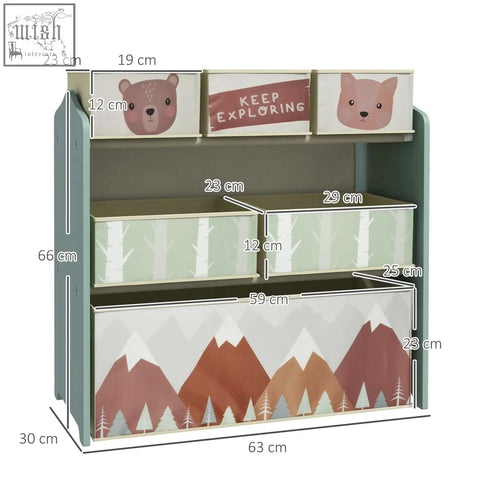 Teal zonekiz kids storage unit with three tiers of woodland print drawers for toy storage in bedrooms and playrooms