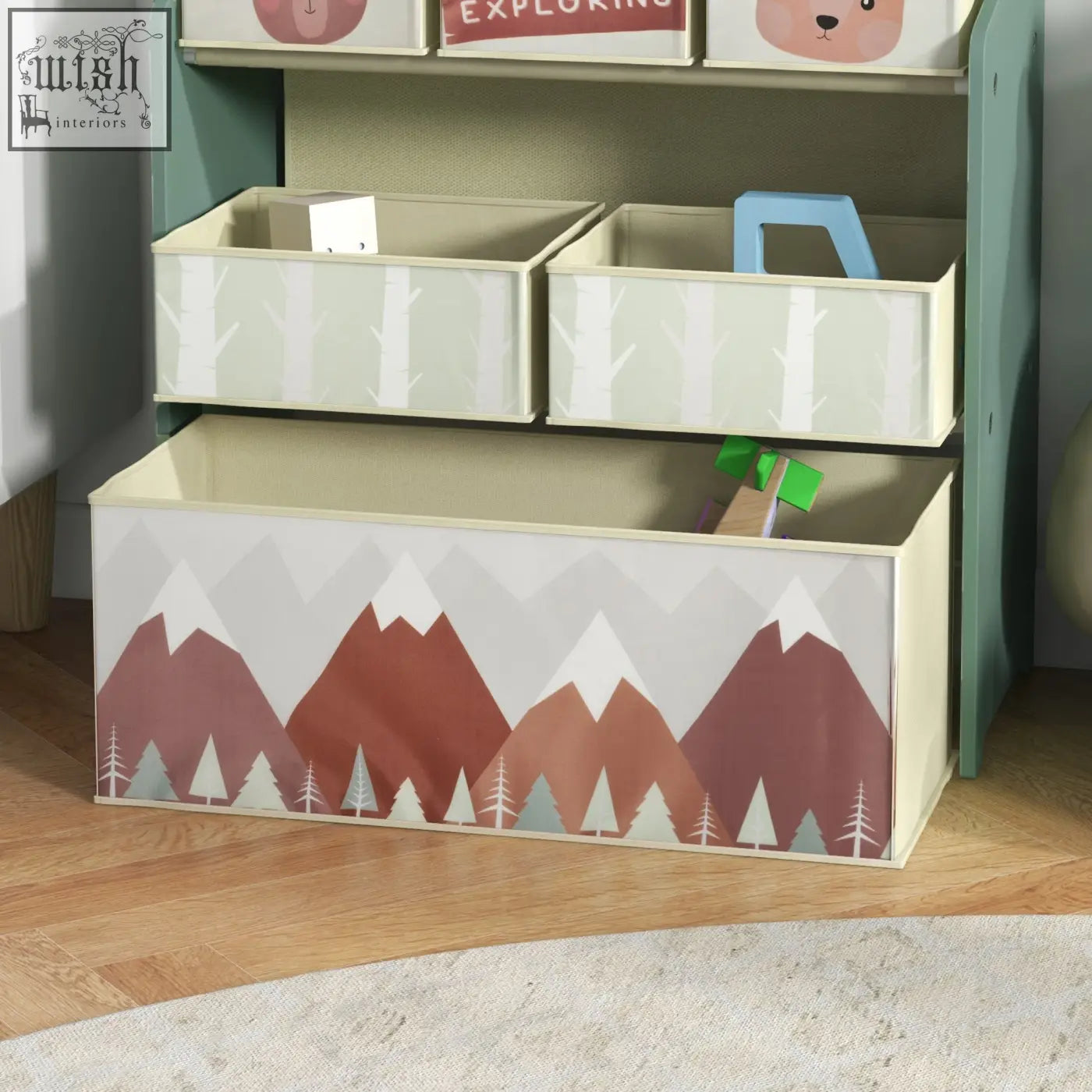 Beige fabric toy storage bin with mountain and tree design for zonekiz kids storage unit in green playrooms