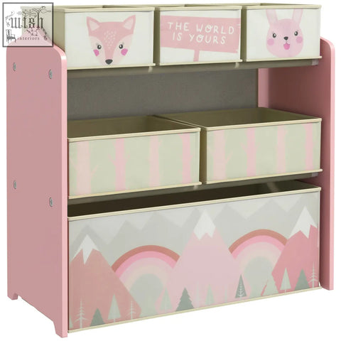 Pink zonekiz kids storage unit with animal face drawers and fabric bins for toy storage in bedrooms and playrooms