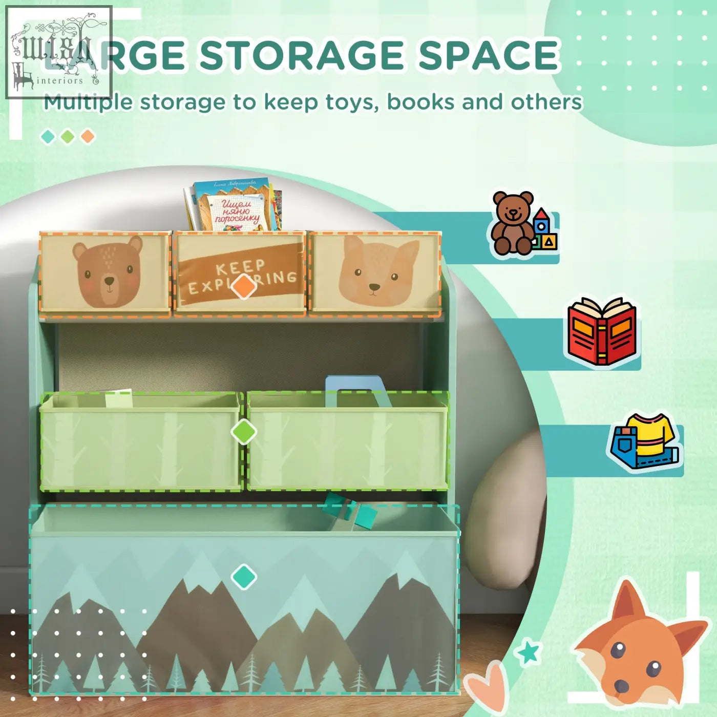 Zonekiz kids storage unit with three animal face drawers two green fabric bins and a mountain design lower compartment for toy storage