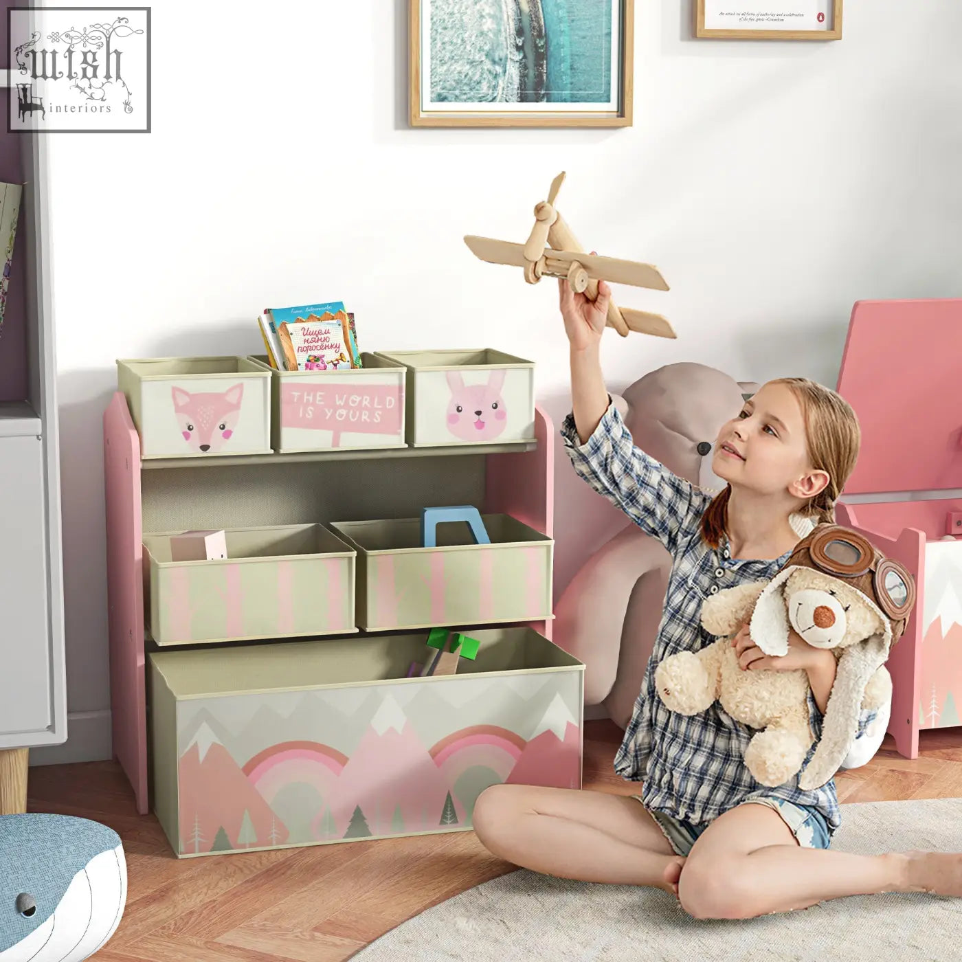 Zonekiz kids storage unit in pink and pastel green with six fabric bins and cartoon animal faces for toy storage
