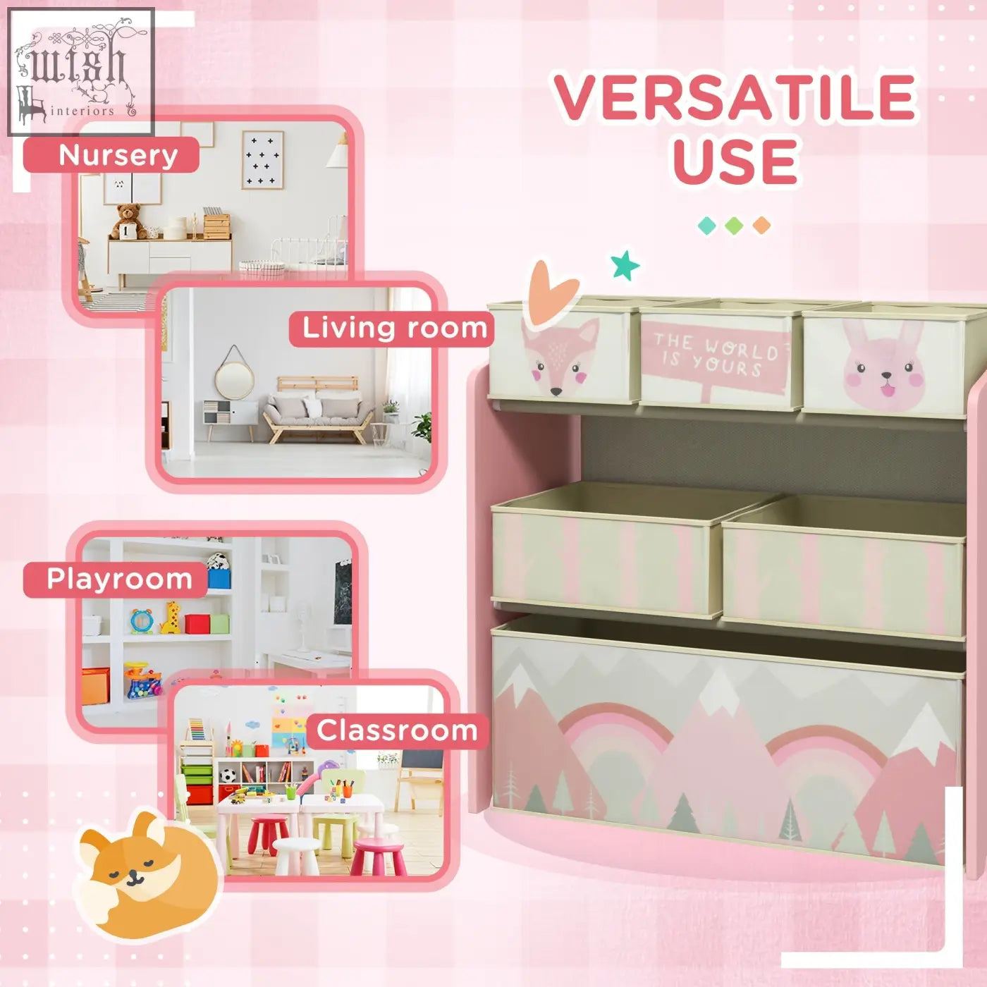 Pink and beige Zonekiz kids storage unit with six fabric bins and cute animal faces for toy storage in bedrooms and playrooms