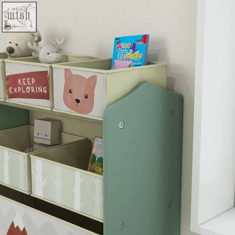 Pastel green wooden toy storage unit zonekiz with six fabric bins featuring animal and motivational prints for kids storage