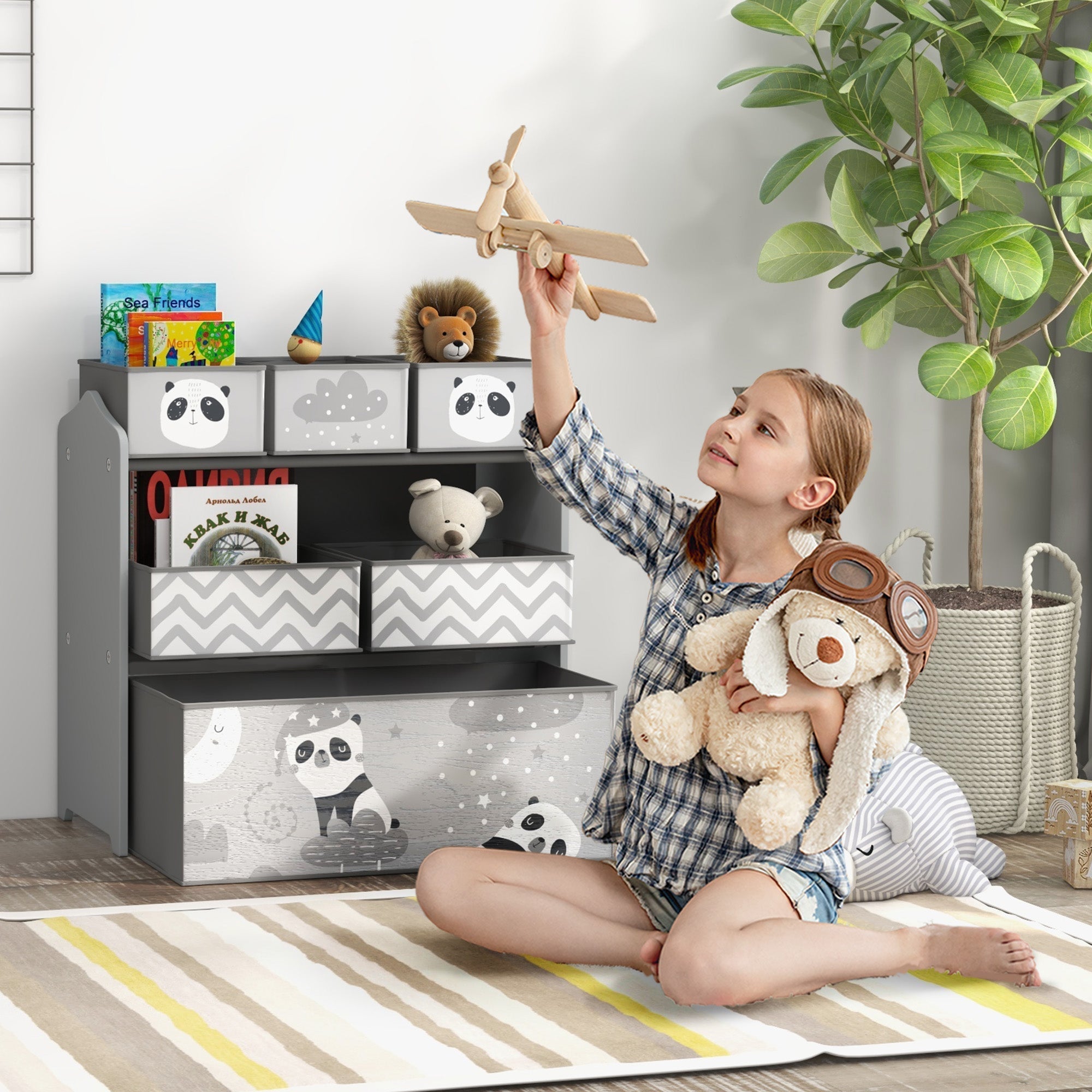 Grey ZONEKIZ kids storage unit with six fabric bins featuring panda and cloud designs for child’s room toy storage