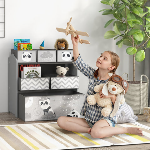 Grey ZONEKIZ kids storage unit with six fabric bins featuring panda and cloud designs for child’s room toy storage