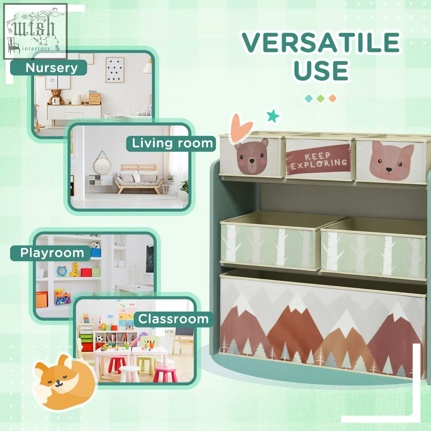 Zonekiz kids storage unit with six green woodland-themed fabric bins and animal face accents for toy storage
