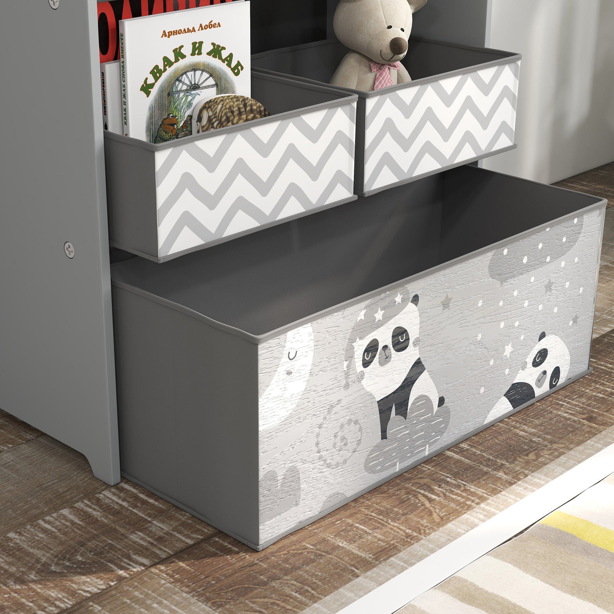 Gray zonekiz kids storage unit with playful panda and moon design for toy storage in child’s room or playroom