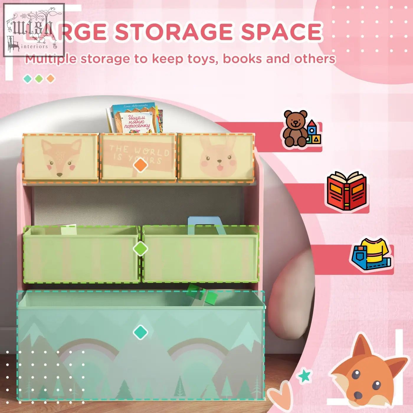 Zonekiz kids storage unit with six pastel fabric bins and animal lids featuring a mountain design for toy storage