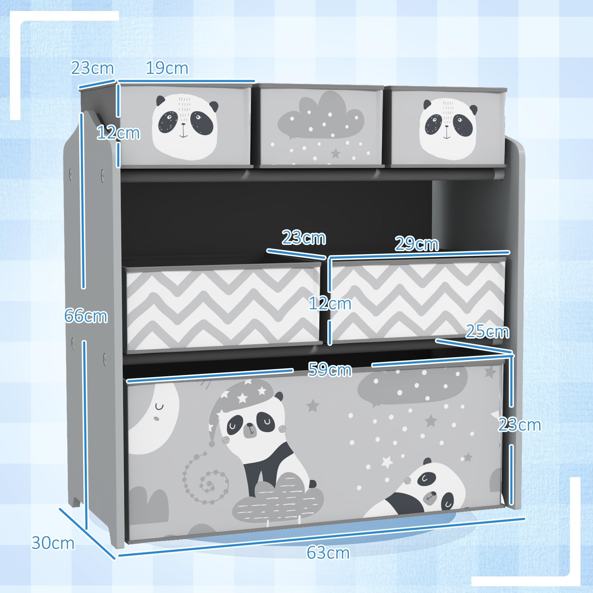 Zonekiz kids storage unit in grey with six fabric bins featuring panda and cloud designs for toy storage in childs room