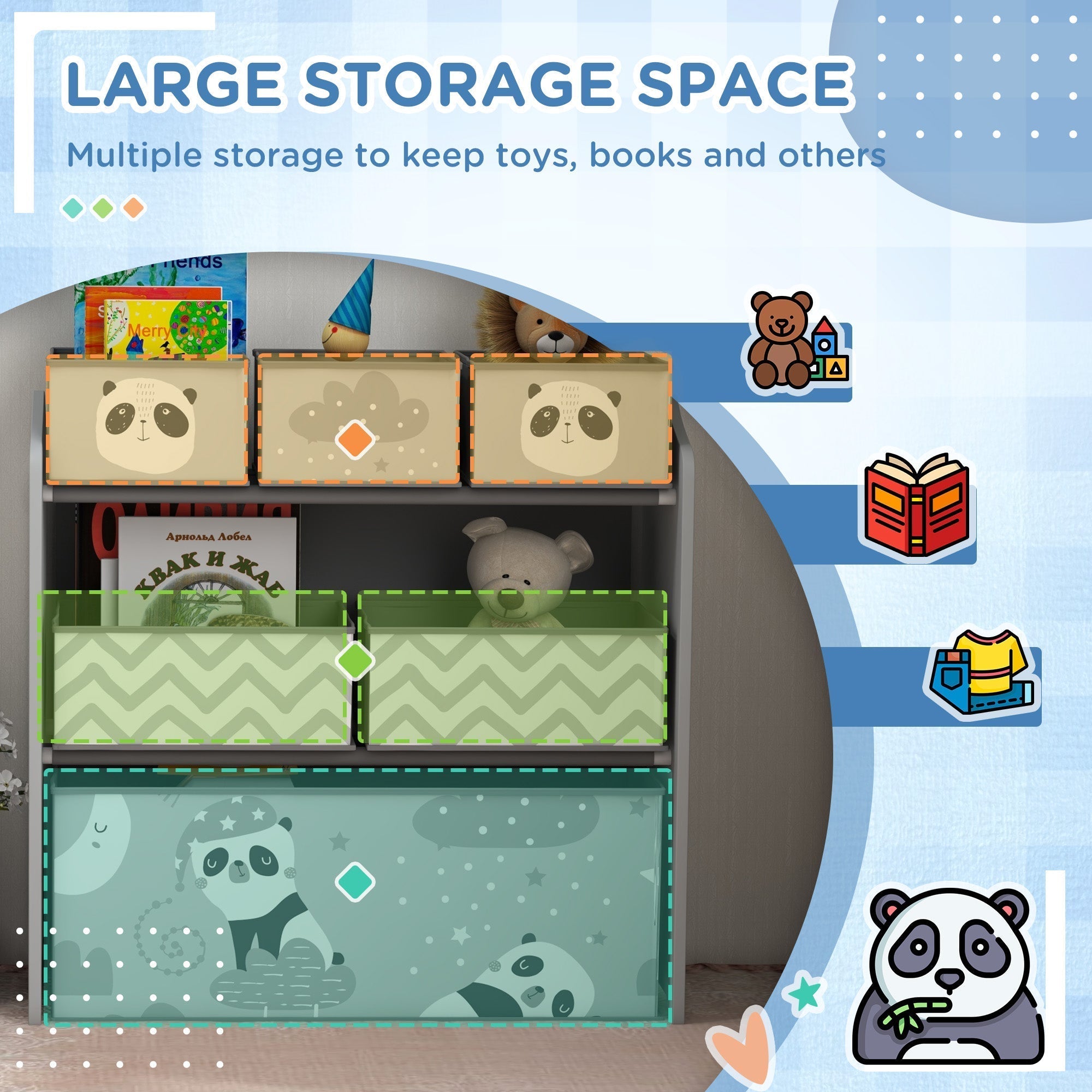 Zonekiz kids storage unit with panda-themed translucent drawers and fabric bins perfect for toy storage in a child’s room