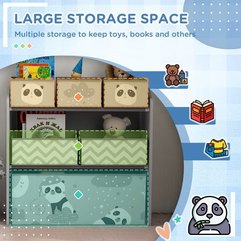 Zonekiz kids storage unit with panda-themed translucent drawers and fabric bins perfect for toy storage in a child’s room