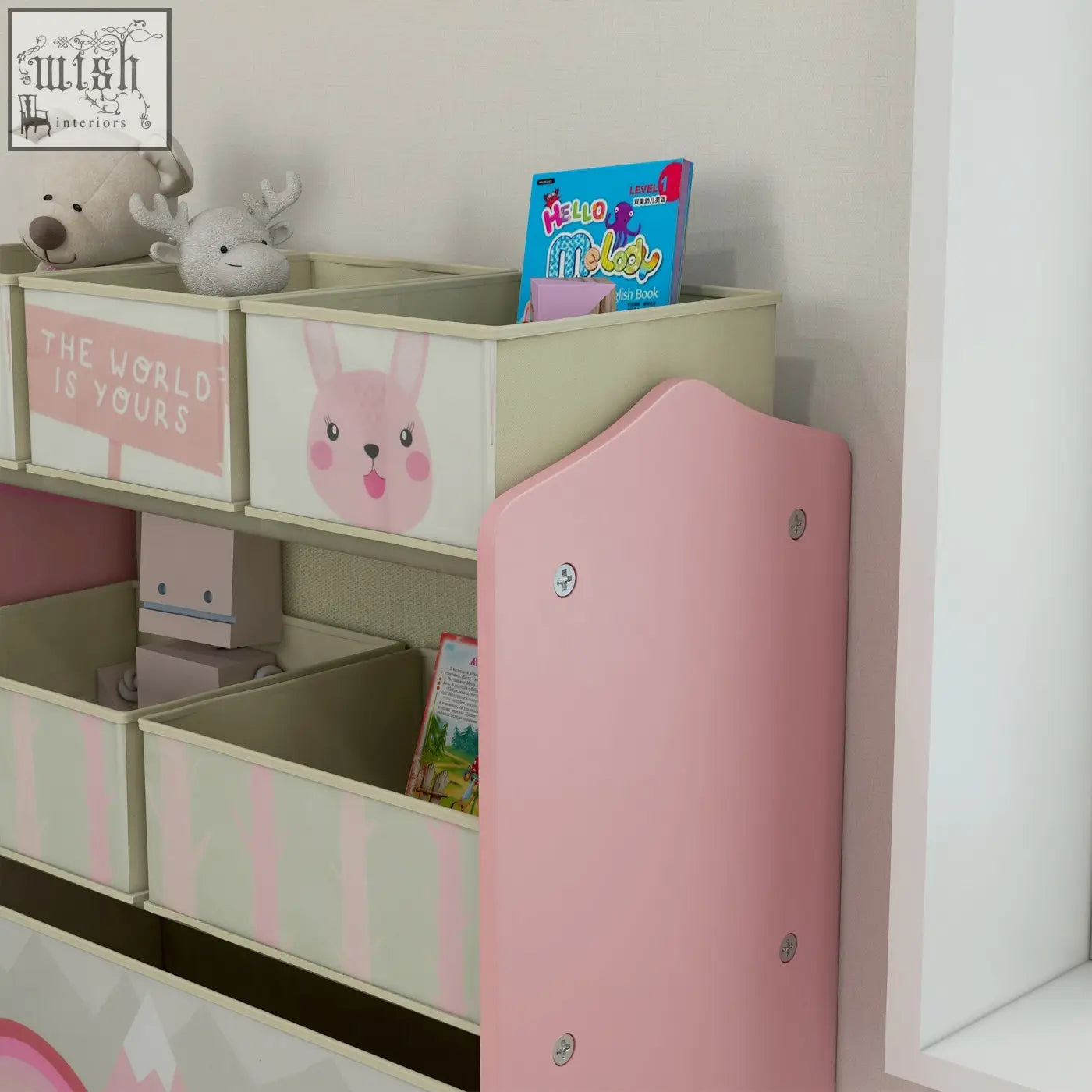 Zonekiz kids storage unit in pink with six fabric bins and cartoon animal faces for toy storage and kids storage
