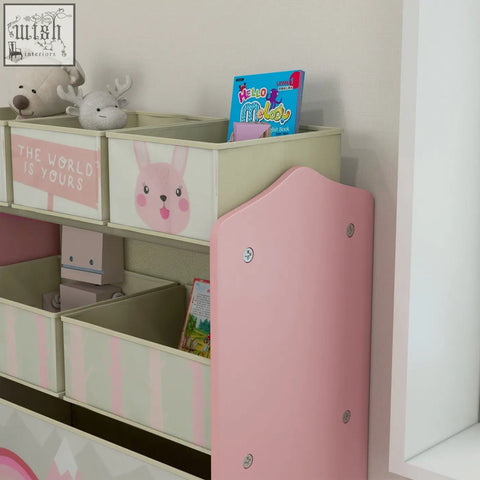 Zonekiz kids storage unit in pink with six fabric bins and cartoon animal faces for toy storage and kids storage