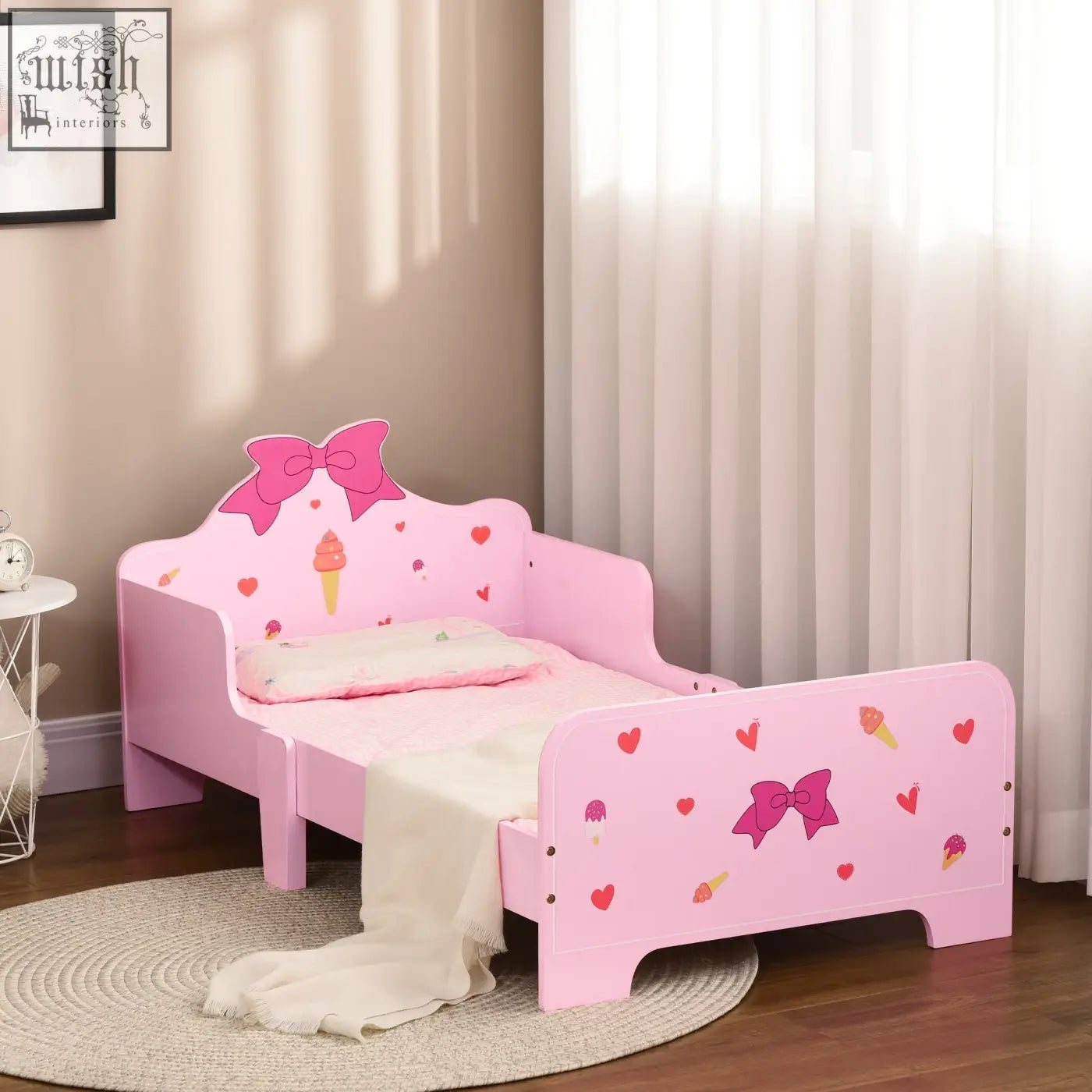Pink zonekiz princess toddler bed made of multilayer board with bows hearts ice cream decals and safety rails for ages 3-6