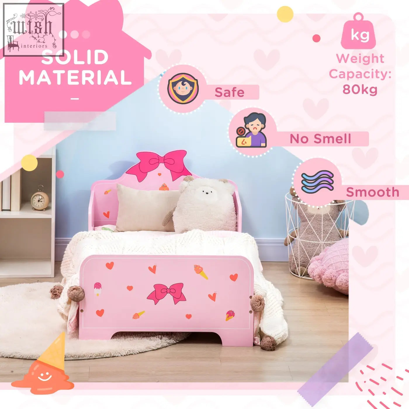Pink zonekiz princess toddler bed with ice cream motifs and bows made of sturdy multilayer board for kids 3-6 years