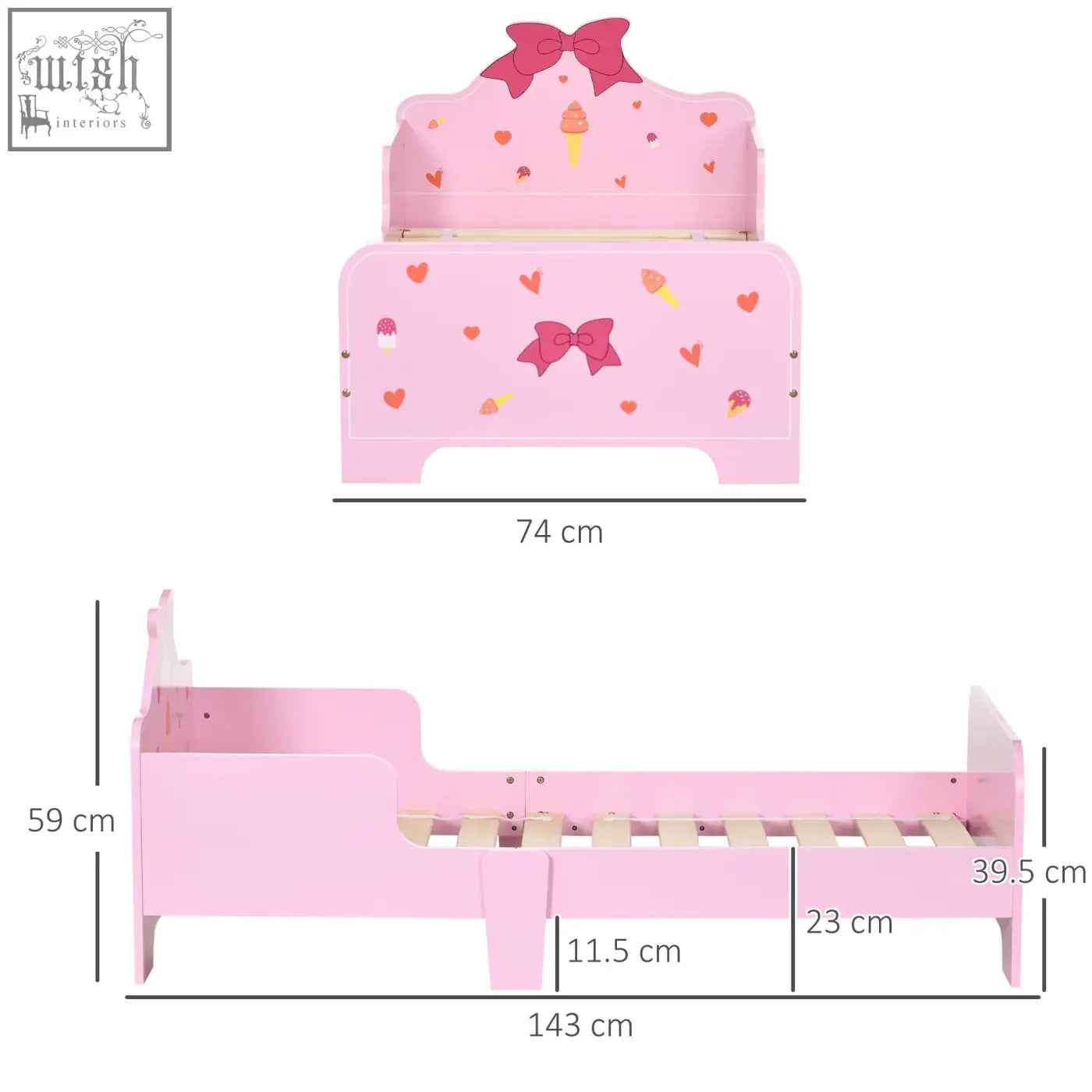 Pink zonekiz princess toddler bed made of multilayer board with red bows ice cream cones and hearts on headboard