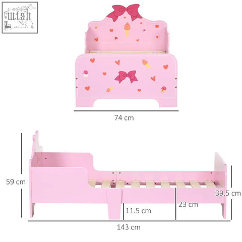 Pink zonekiz princess toddler bed made of multilayer board with red bows ice cream cones and hearts on headboard
