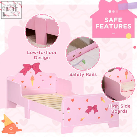 Pink zonekiz princess toddler bed with multilayer board safety rails and decorative bows ice cream cones hearts panels