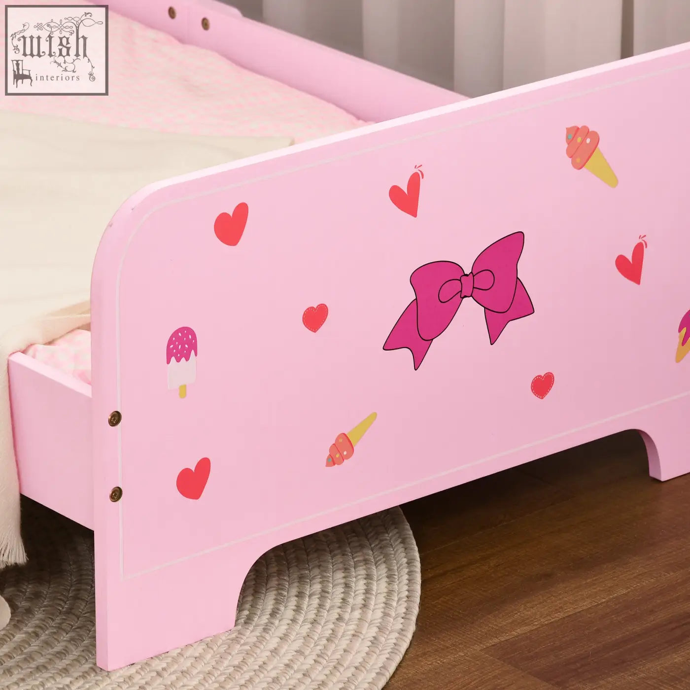 Pink zonekiz princess toddler bed headboard made of multilayer board with safety rails and cute heart and ice cream patterns