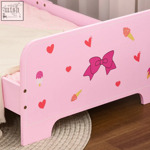 Pink zonekiz princess toddler bed headboard made of multilayer board with safety rails and cute heart and ice cream patterns