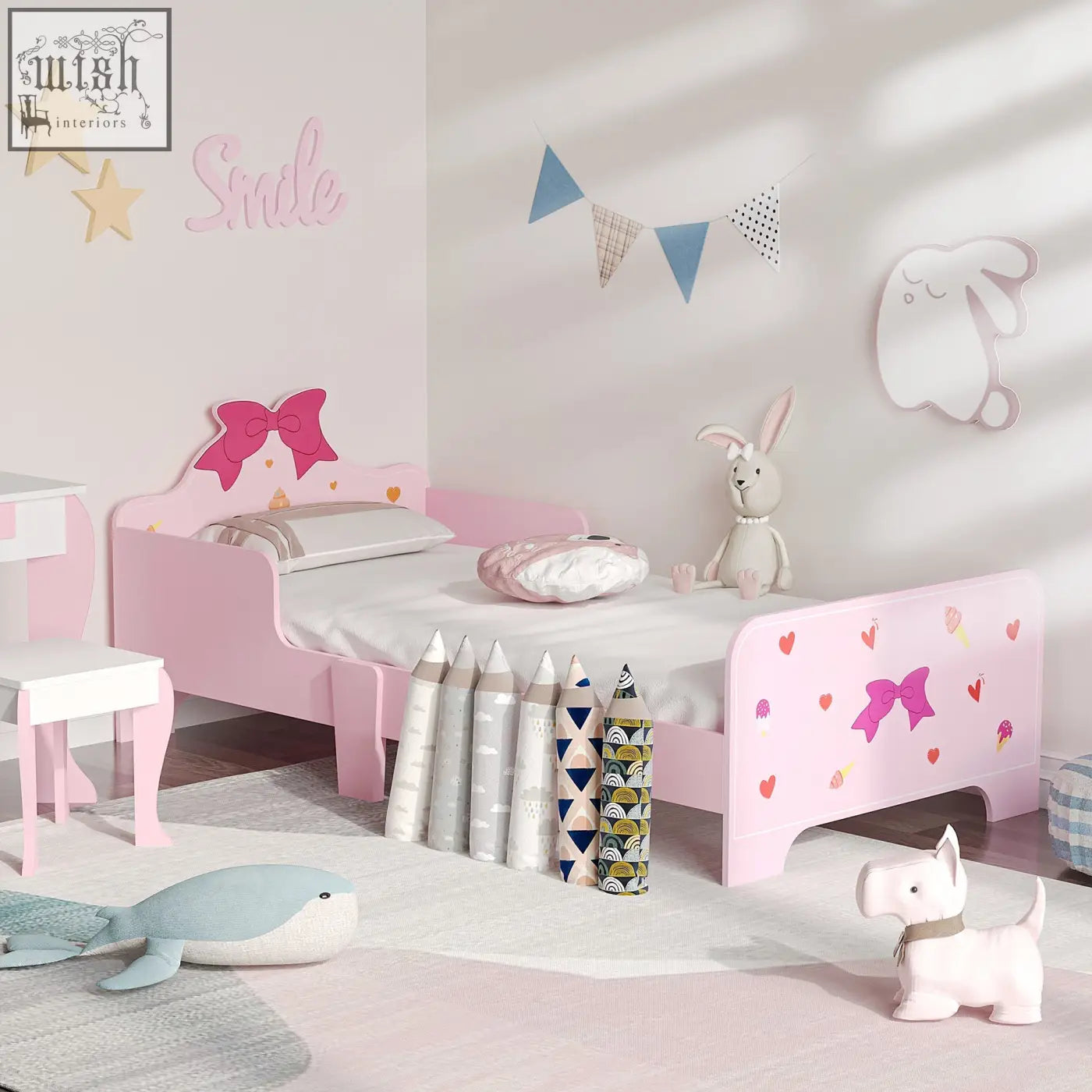 Pink zonekiz princess toddler bed made of multilayer board with bow and heart decals and safety rails for kids 3-6 years