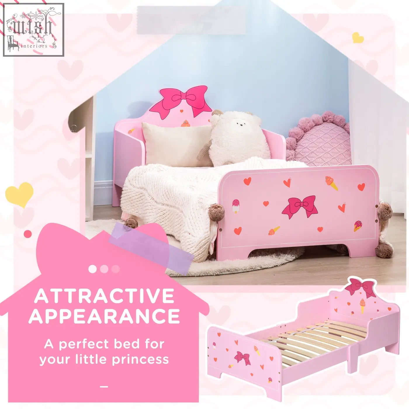 Pink zonekiz princess toddler bed with multilayer board, safety rails, and cute bows hearts ice cream patterns