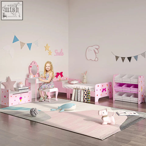 Pink zonekiz princess toddler bed with multilayer board safety rails and heart bow decals for ages 3 to 6 years