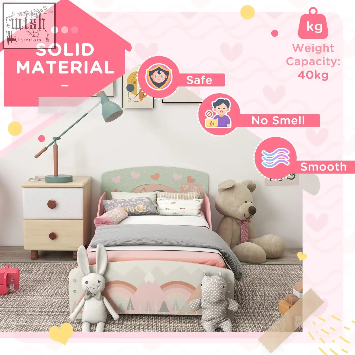 Zonekiz pastel pink and mint green kids bed with playful rainbow and tree animal design for toddlers ages 3 to 6 years
