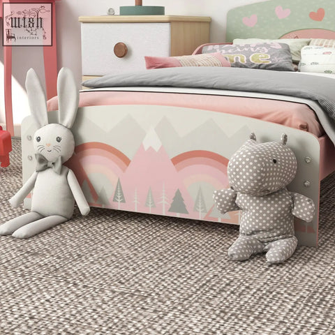 Zonekiz toddler kids bed frame in pastel pink and gray with a playful animal design rainbow for ages 3 to 6 years