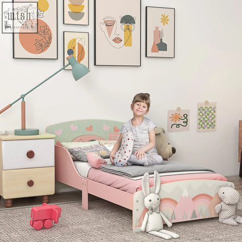 Zonekiz pink kids bed with pastel mountain and rainbow footboard and mint heart patterned headboard for ages 3-6 years