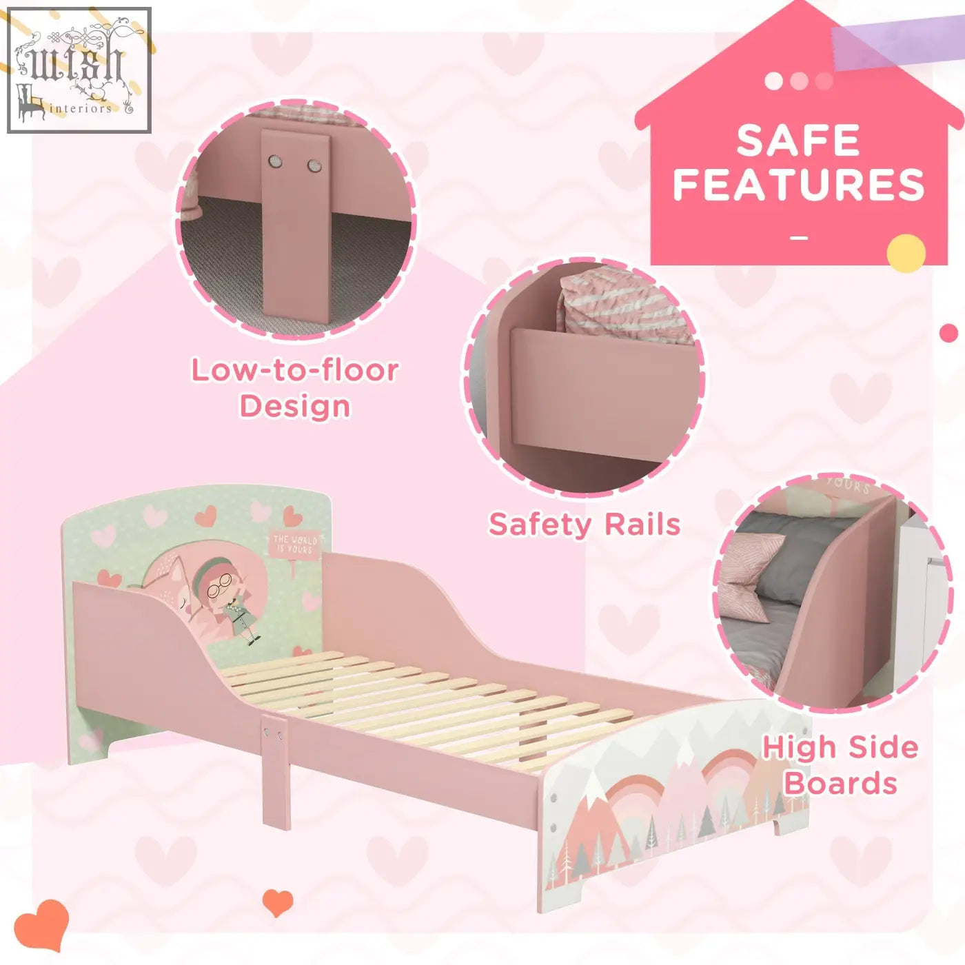 Pink zonekiz toddler kids bed with playful animal design on headboard and mountain scenery on side panels