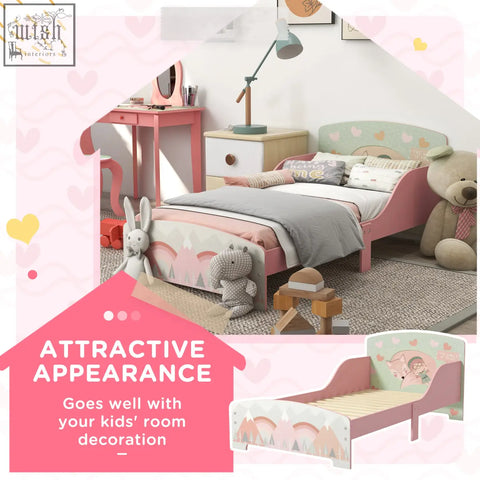 Pink zonekiz toddler kids bed with soft pastel headboard and playful animal design wooden frame for ages 3-6 years