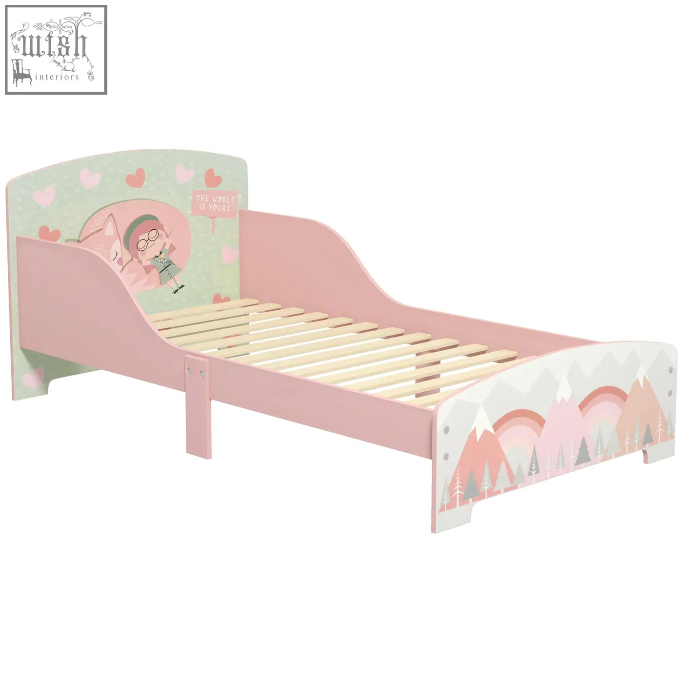 Pink zonekiz toddler kids bed with playful animal design on headboard and mountain scenery on footboard