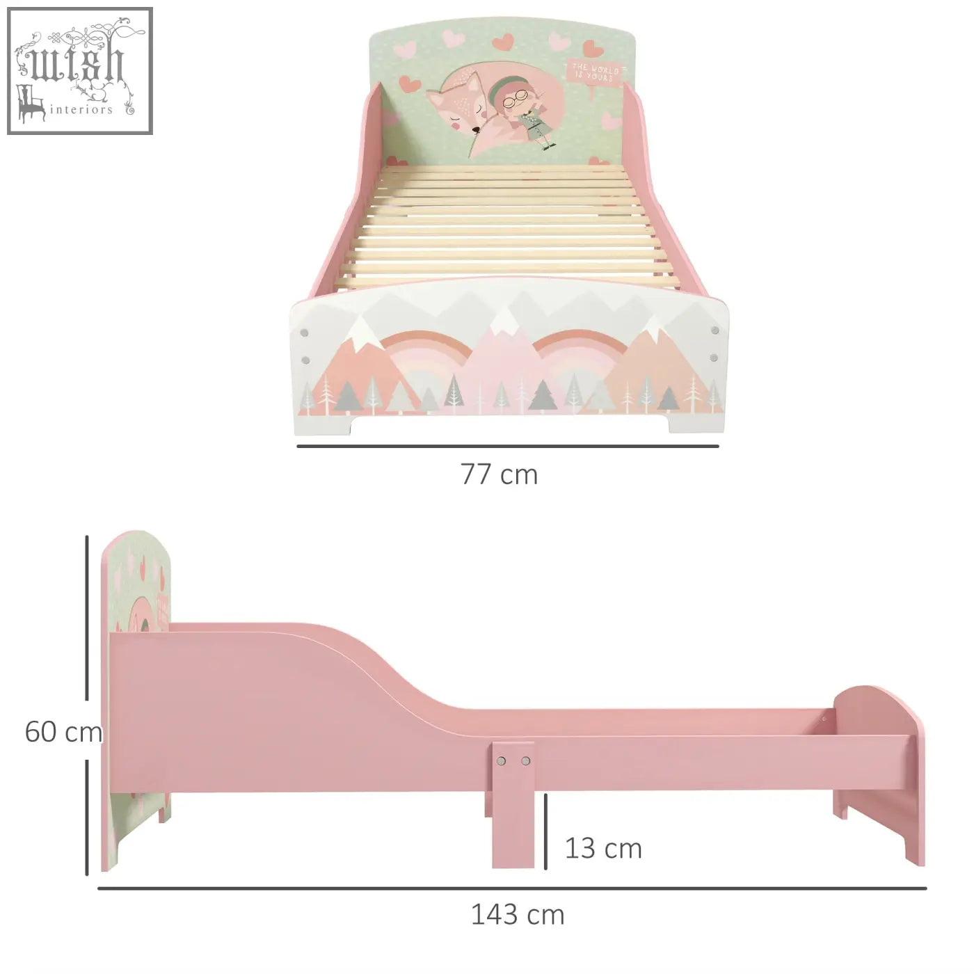 Pink wooden kids bed with playful animal design fox and boy on headboard and pastel mountain base by zonekiz