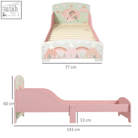 Pink wooden kids bed with playful animal design fox and boy on headboard and pastel mountain base by zonekiz