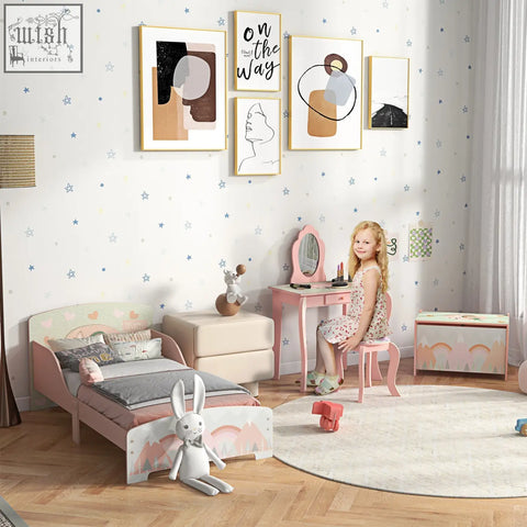 Pink zonekiz toddler kids bed with playful animal design mountain and cloud headboard for ages 3-6 years