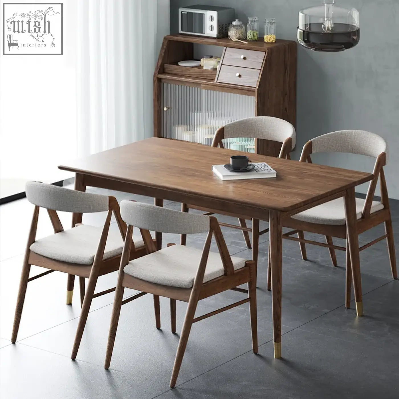 Warm wood zonka chair with sleek tapered legs and rich brown stain on a minimalist wooden dining table