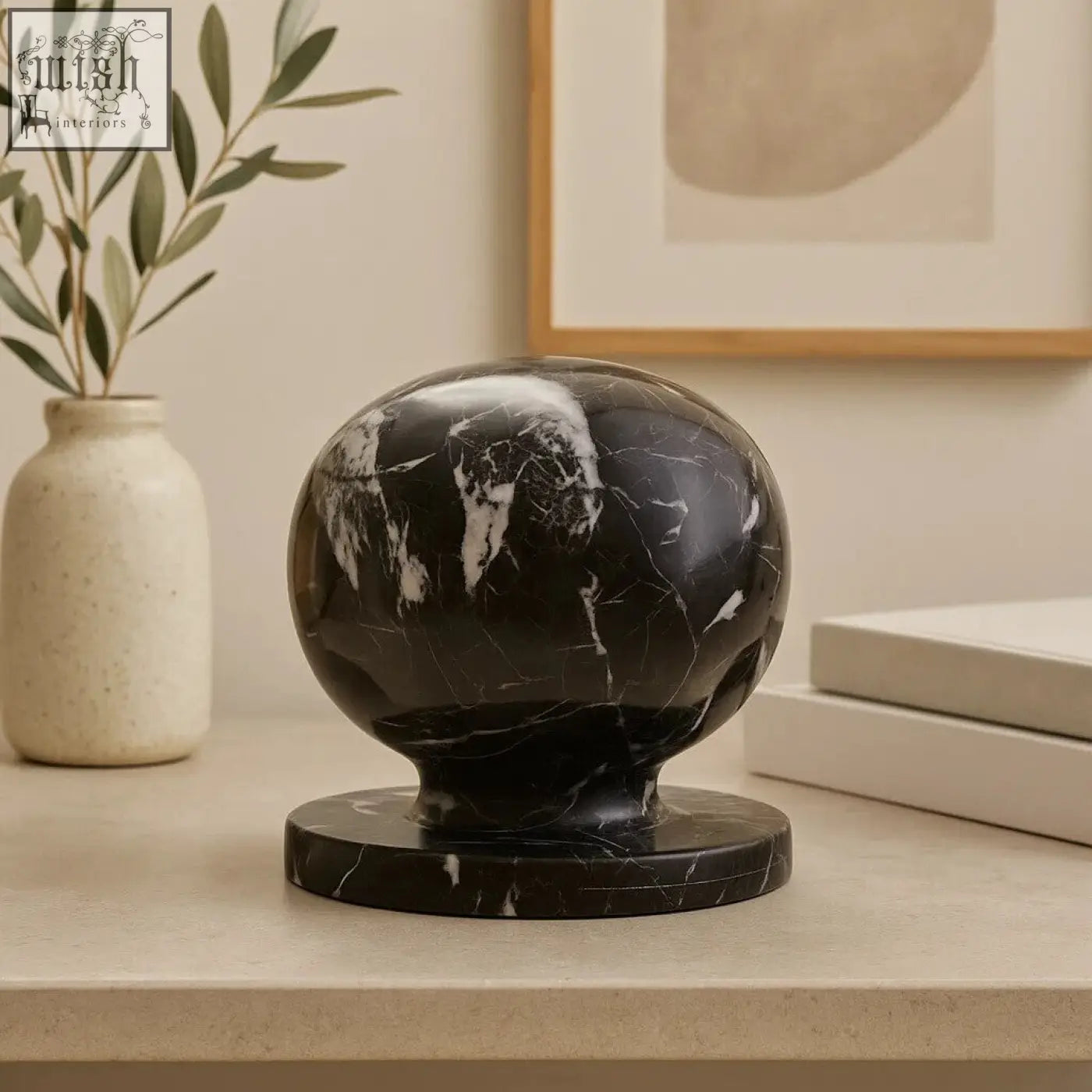Zoro black and white veined marble ball sculpture with white veined black marble globe on matching base