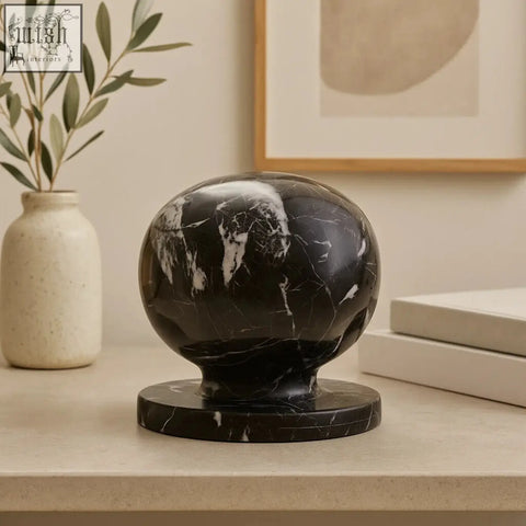 Zoro black and white veined marble ball sculpture with white veined black marble globe on matching base