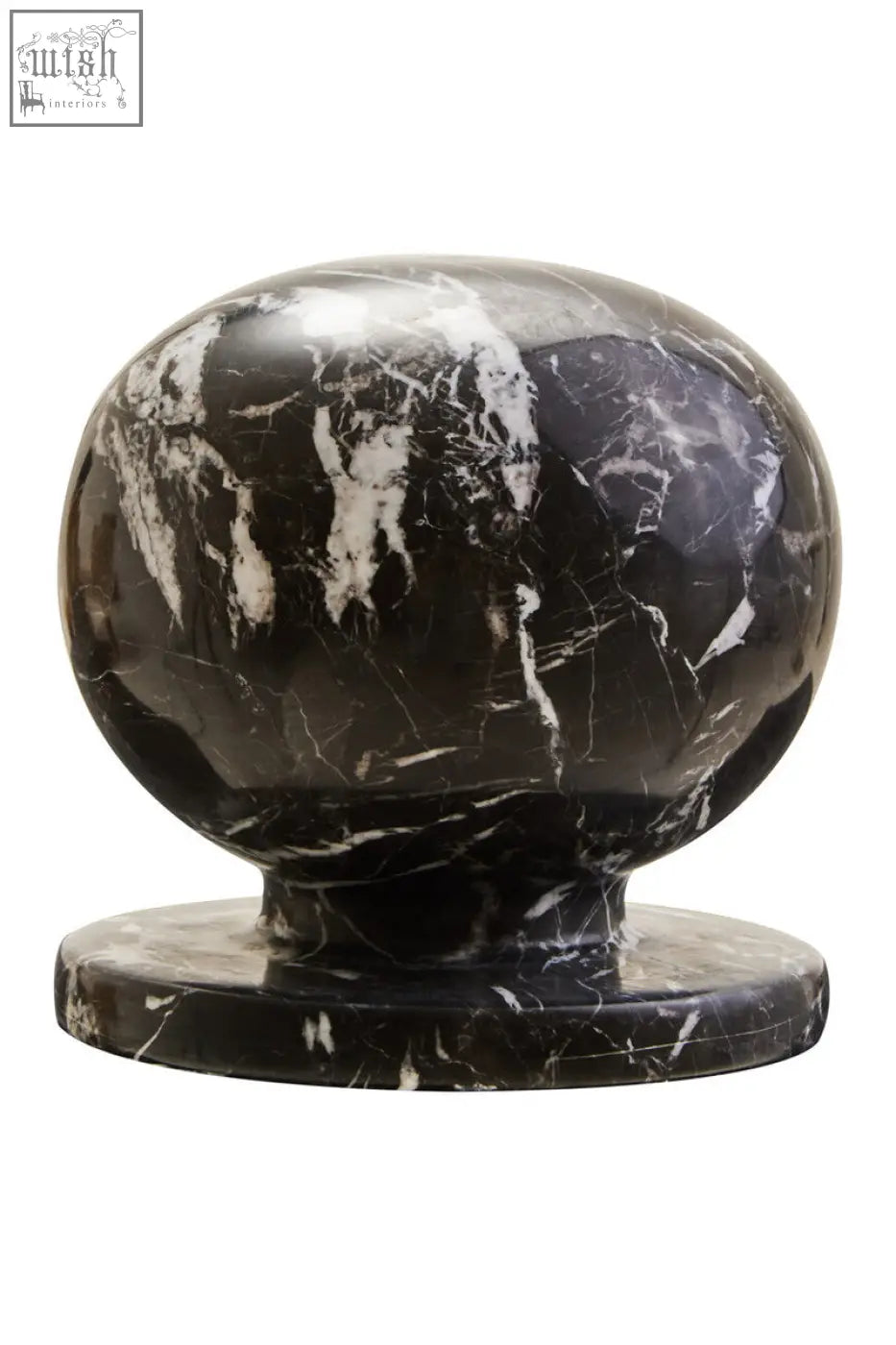 Zoro black and white veined marble ball sculpture with a rounded bulbous top on flat circular base