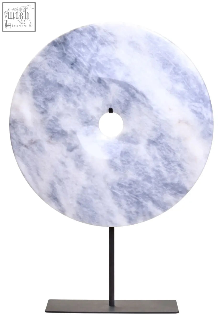 A zoro extra large round grey marble disc sculpture with light blue and white marbling on a sleek black stand