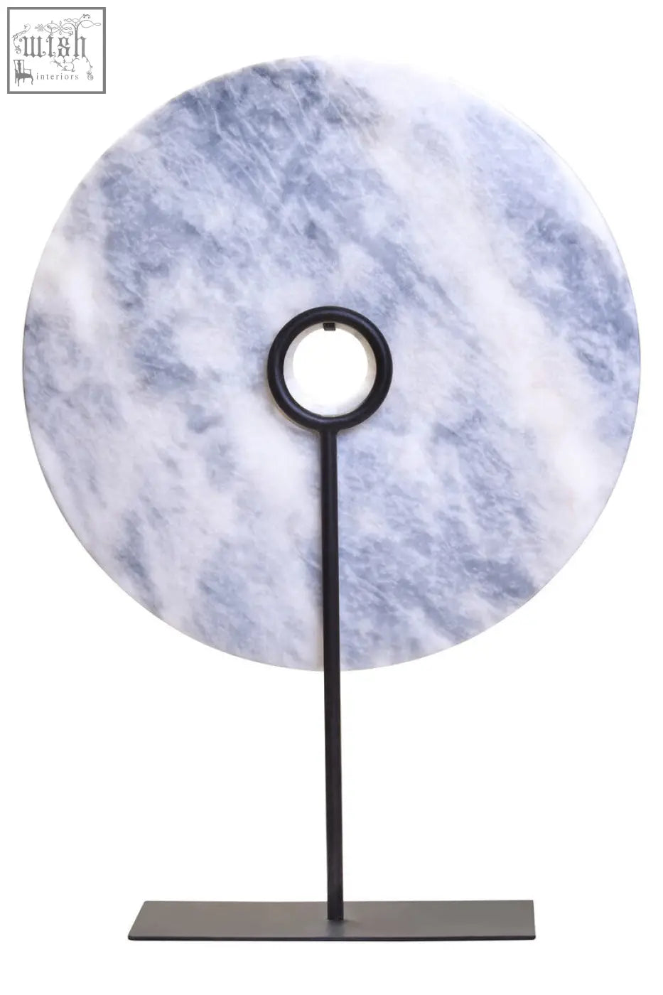 Zoro extra large grey marble disc sculpture with blue and white circular slab on sleek black metal stand