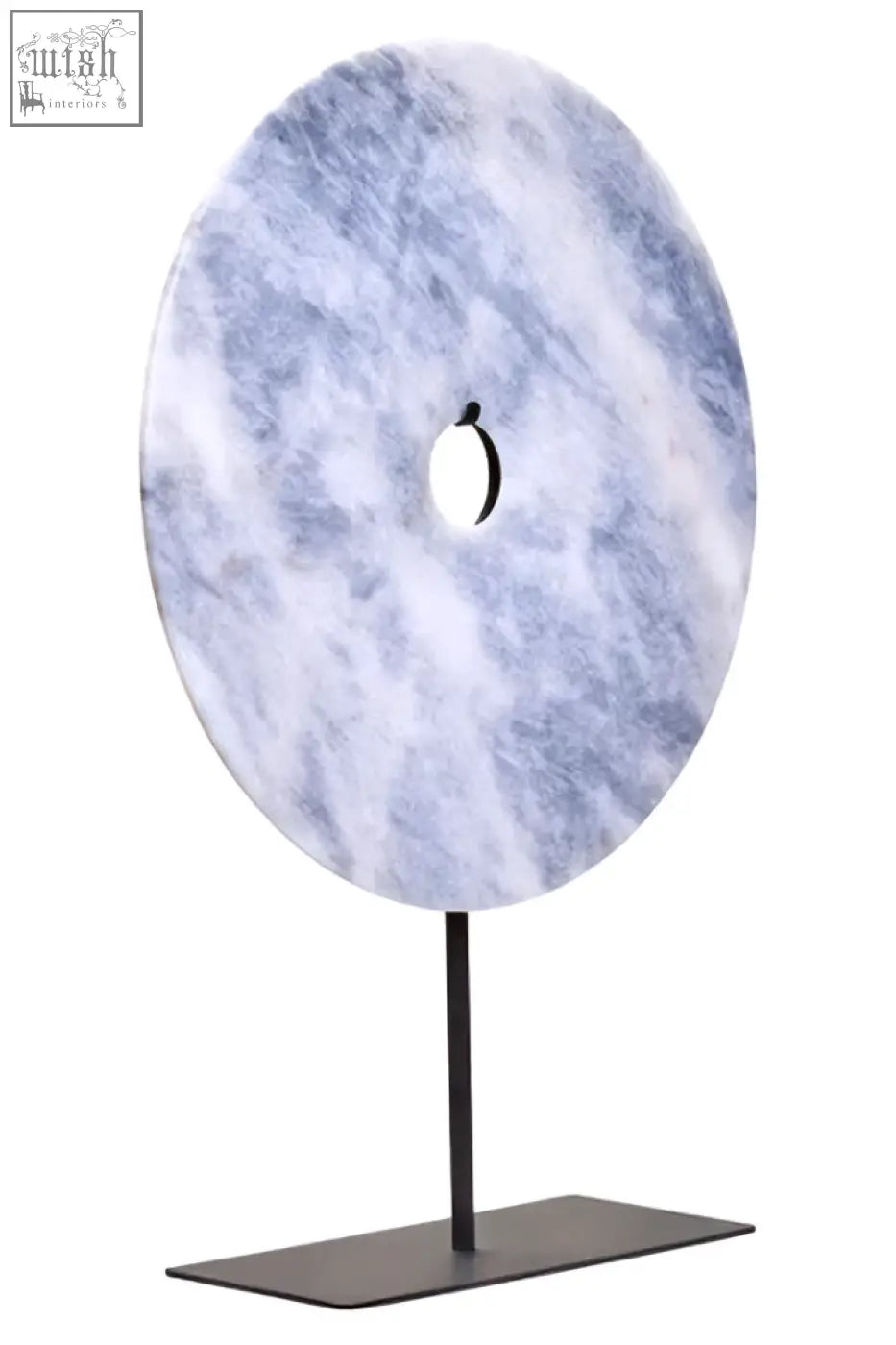 Zoro extra large round dia 35cm grey marble disc sculpture with blue and white marbled stone on black metal stand