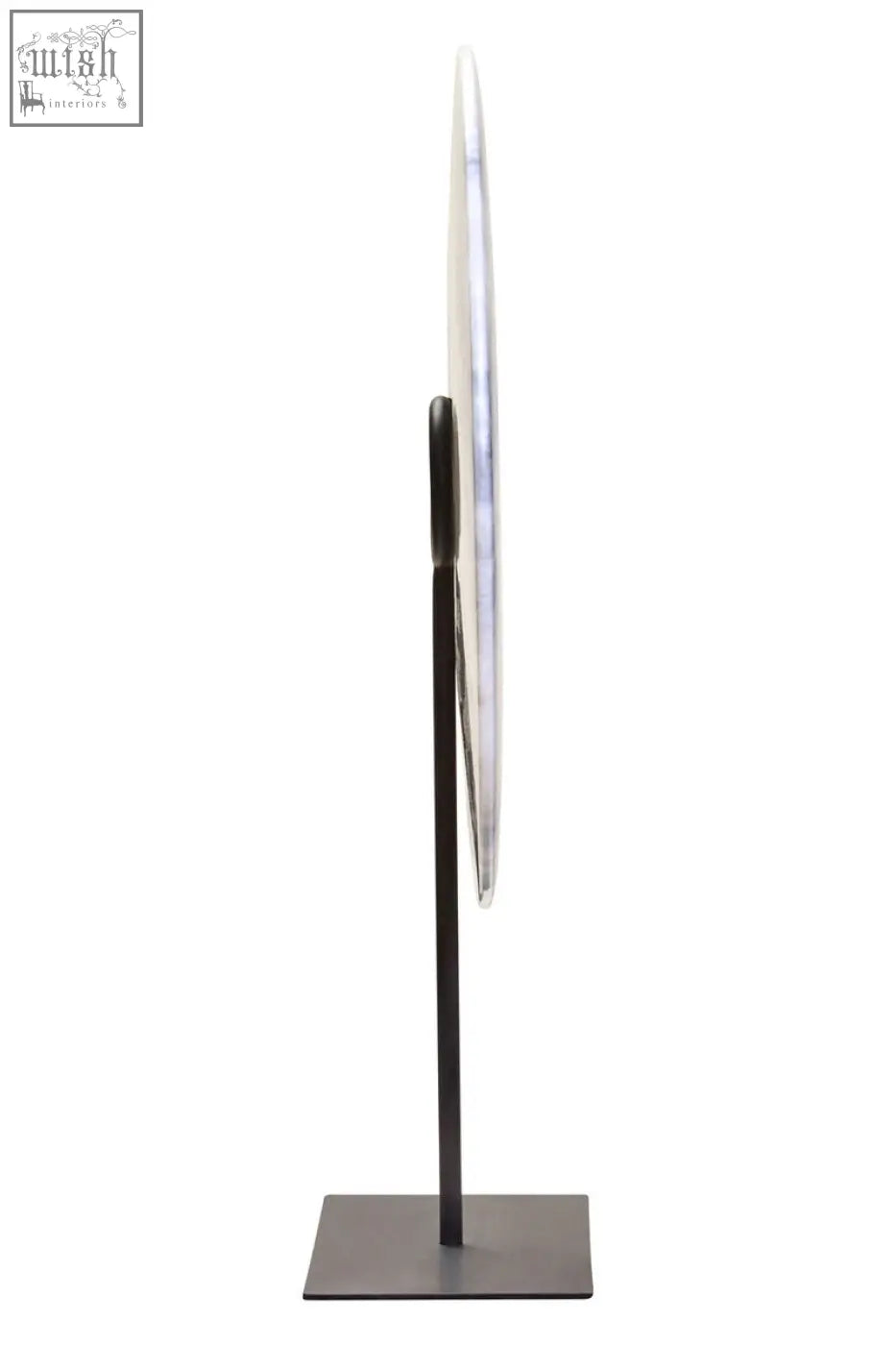 Zoro extra large round grey marble disc sculpture with sleek circular mirror and dark metallic stand dia 35cm