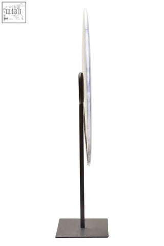 Zoro extra large round grey marble disc sculpture with sleek circular mirror and dark metallic stand dia 35cm