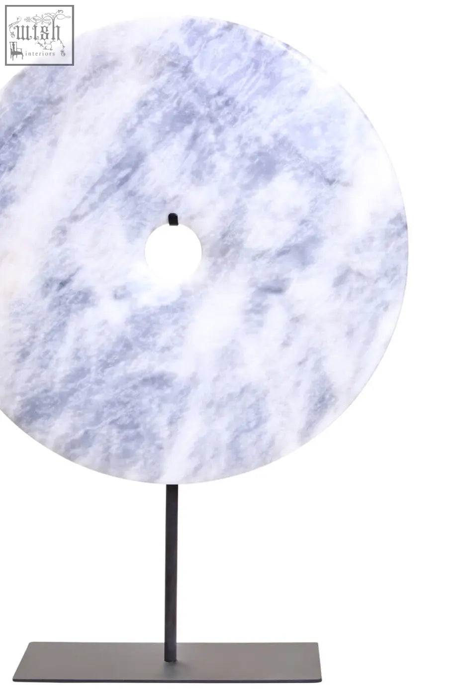 Zoro extra large round dia 35cm grey marble disc sculpture with central hole on sleek black metal stand