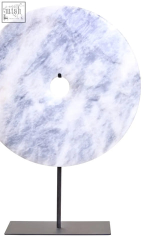 Zoro extra large round dia 35cm grey marble disc sculpture with central hole on sleek black metal stand